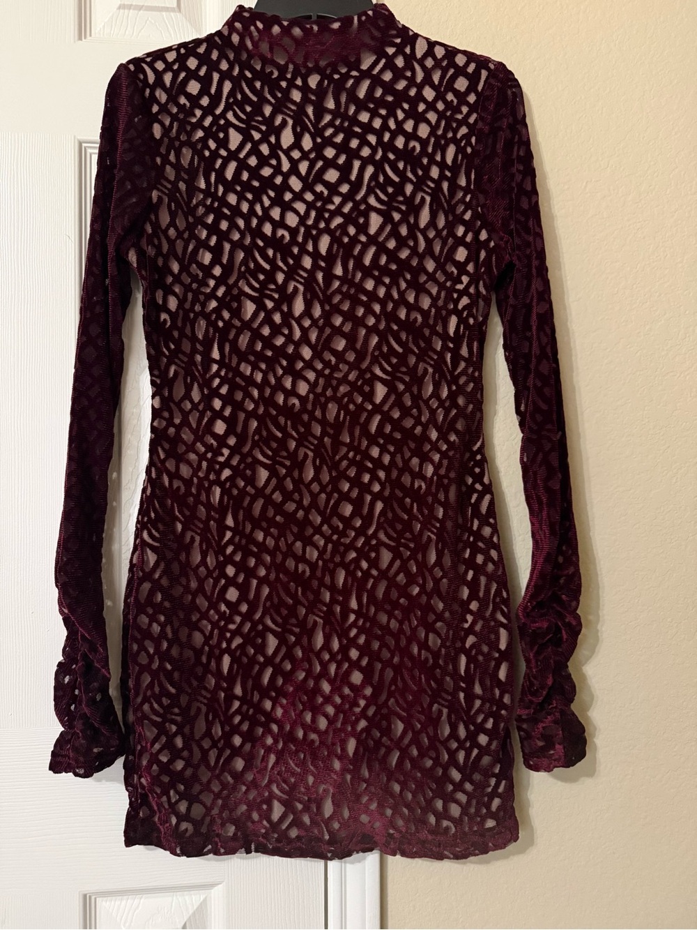 Women's Burgundy Patterned Mesh Velvet Long-Sleeve Dress